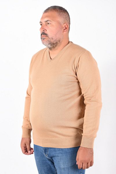 Trist Star Men's Camel Large Size V-Neck 100% Cotton Sweater Trist-2102