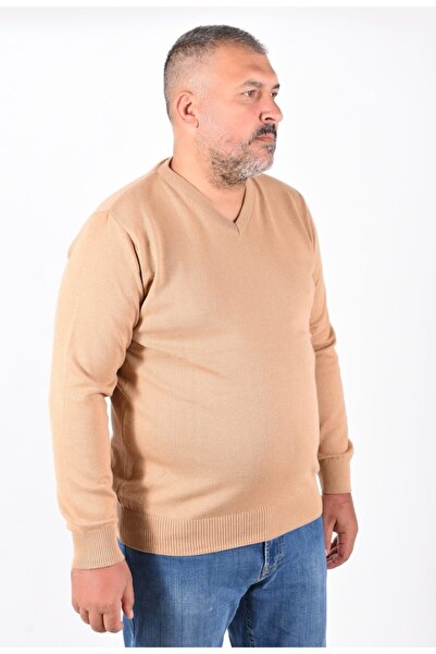 Trist Star Men's Camel Large Size V-Neck 100% Cotton Sweater Trist-2102