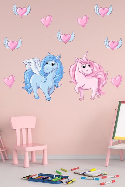 Tilki Dünyası Unicorn roz și albastru Inimi roz cu aripi