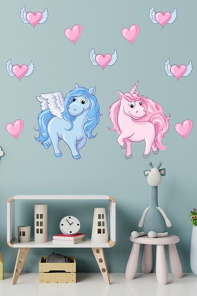 Tilki Dünyası Unicorn roz și albastru Inimi roz cu aripi