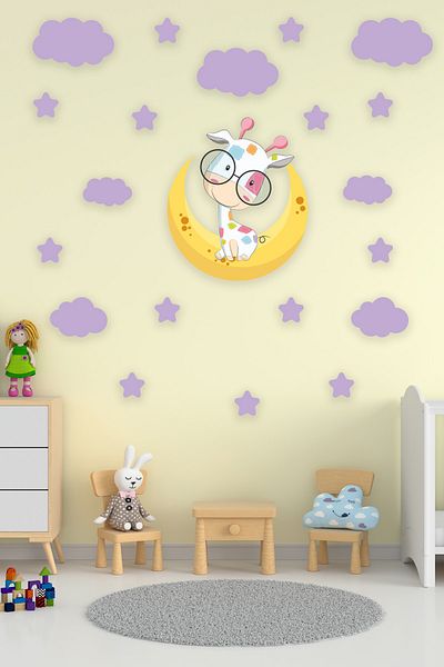 Tilki Dünyası Girafă drăguță pe lună Nori violet și stele violet