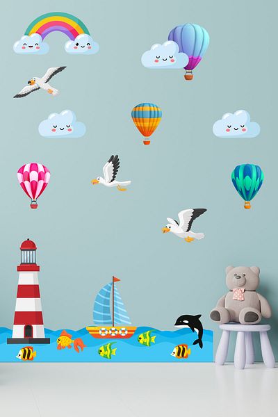 Tilki Dünyası Lighthouse Seagulls And Fishes Kids Room Sticker