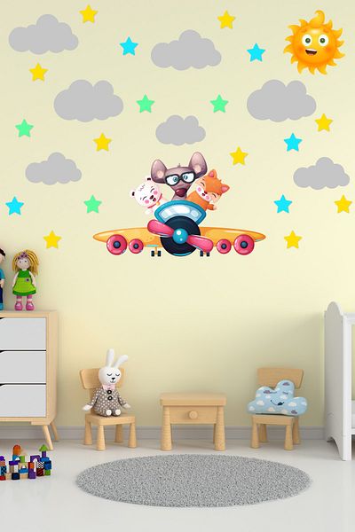 Tilki Dünyası Cute Animals Flying Airplanes Gray Clouds Sun and Colorful Stars