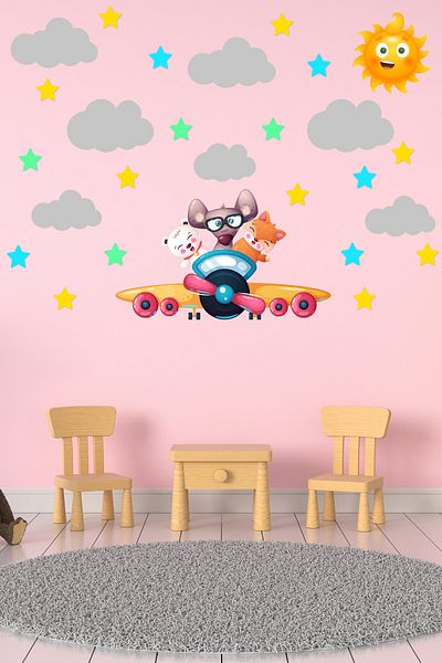 Tilki Dünyası Cute Animals Flying Airplanes Gray Clouds Sun and Colorful Stars
