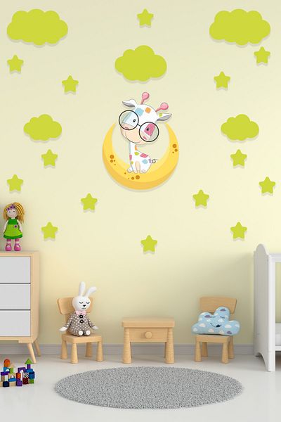 Tilki Dünyası Girafă drăguță pe lună, nori verzi și stele verzi autocolant decorativ