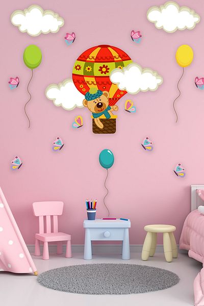 Tilki Dünyası Drăguț ursuleț în balon, nori, fluturi, albine, autocolant decorativ