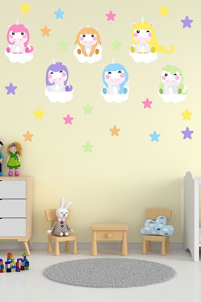 Tilki Dünyası Set de autocolante de perete pentru camera copiilor cu unicorni drăguți, stele colorate, nori albi
