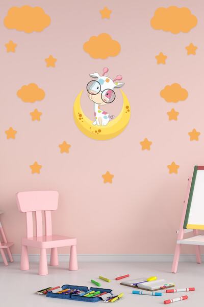 Tilki Dünyası ملصق حائط على شكل زرافة لطيفة للأطفال على القمر مع سحب برتقالية...