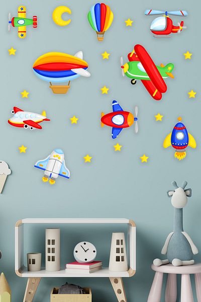 Tilki Dünyası Aircraft Balloon Rockets Helicopter Planes Decorative Sticker