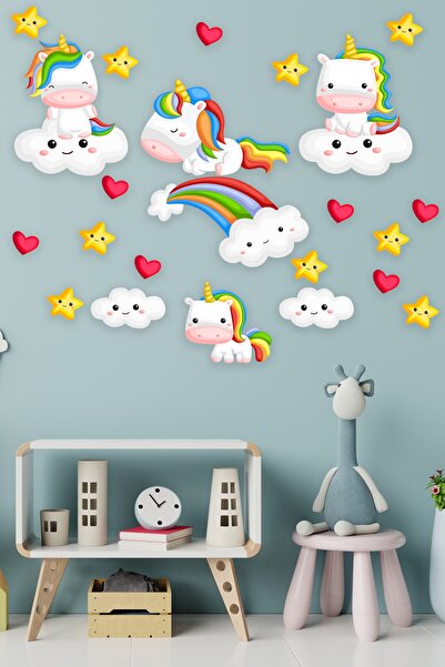 Tilki Dünyası Αυτοκόλλητο Αγαπημένα Μονόκεροι Λευκοί Νεφροί Κόκκινες Καρδιές Και Αστέρια