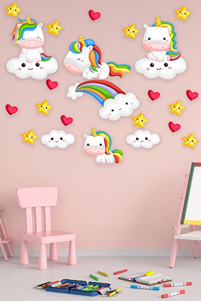 Tilki Dünyası Αυτοκόλλητο Αγαπημένα Μονόκεροι Λευκοί Νεφροί Κόκκινες Καρδιές Και Αστέρια