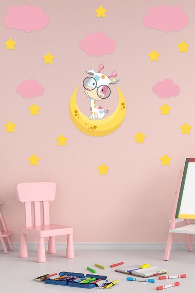 Tilki Dünyası Cute Giraffe Pink Clouds and Yellow Stars Sticker