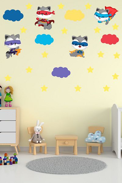 Tilki Dünyası Cute Superhero Raccoons Colorful Clouds Kids Room Wall Sticker Set