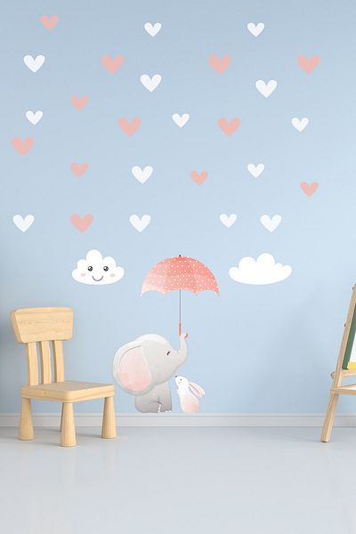 Tilki Dünyası Cute Elephant And Rabbit Pink White Hearts Sticker