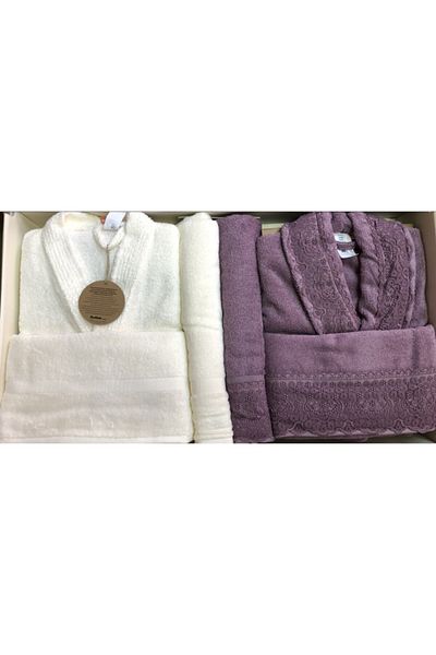 Özdilek Orkide Family Bathrobe Set Cream-plum
