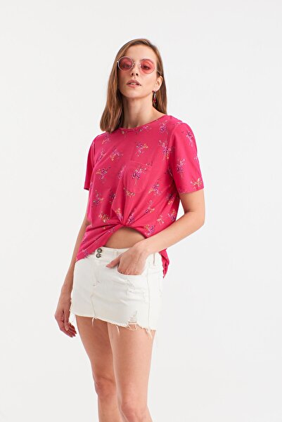 Hanna's by Hanna Darsa Kadın Fuşya Büzgülü Baskılı T-shirt