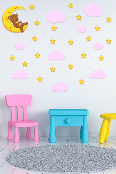 Tilki Dünyası Sweet Teddy Bear Sleeping on the Moon, Pink Clouds and Stars