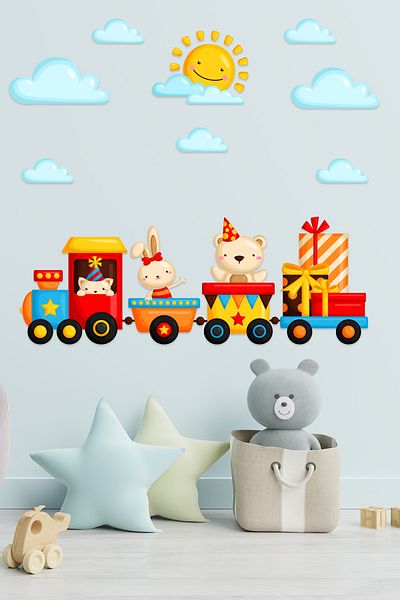 Tilki Dünyası Blue Clouds and Sun Cute Animals on the Train Sticker