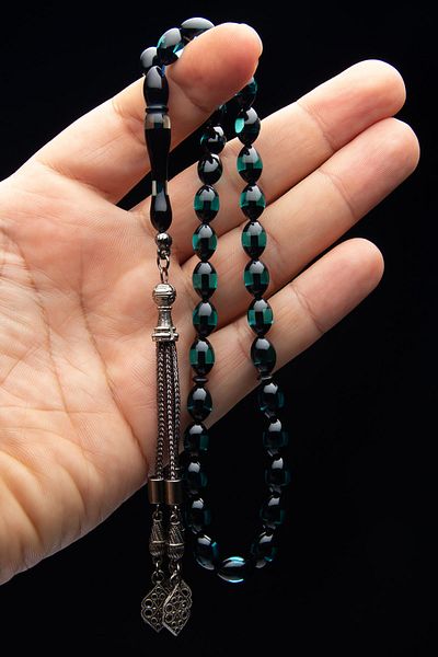 OTTOTESBİH Mărgele de rugăciune pentru bărbați, 7x11 mm, verde apă, cu pulbere parfumată, chihlimbar