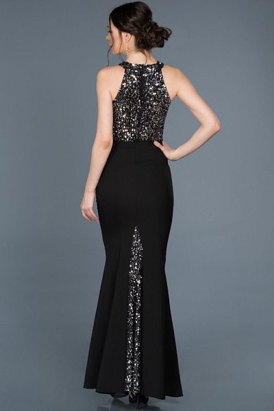 Abiyefon Black Silver Sequined Sleeveless Fishnet Evening Dress - Women's Dress