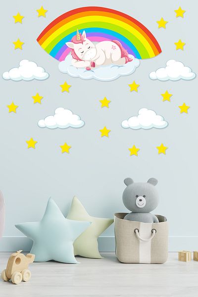 Tilki Dünyası Autocolant de perete pentru cameră pentru copii, unicorn, curcubeu și nori dormind pe nor