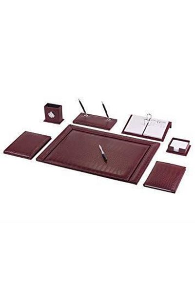 Gülpaş Set de 9 bucăți de birou din piele de crocodil Claret Red Lux Set de 9 bucăți de birou