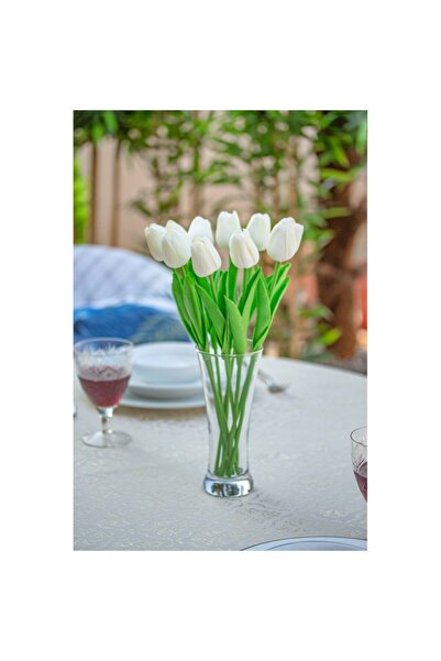 Çiçekmisin Fransız Style Şeffaf Vazoda 10'lu Beyaz Islak Lale Yapay Çiçek