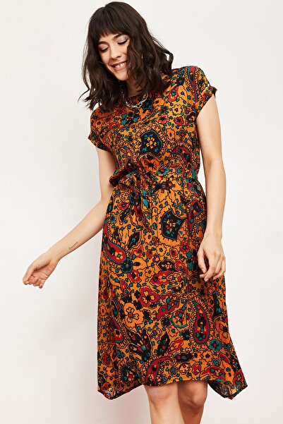 Bianco Lucci Γυναικείο Μίντι Φόρεμα με κοντομάνικο έθνικ σχέδιο με λάστιχο στη μέση