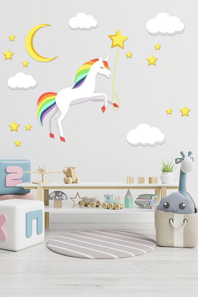 Tilki Dünyası Set de autocolante pentru cameră pentru copii unicorn, lună, stele și nori