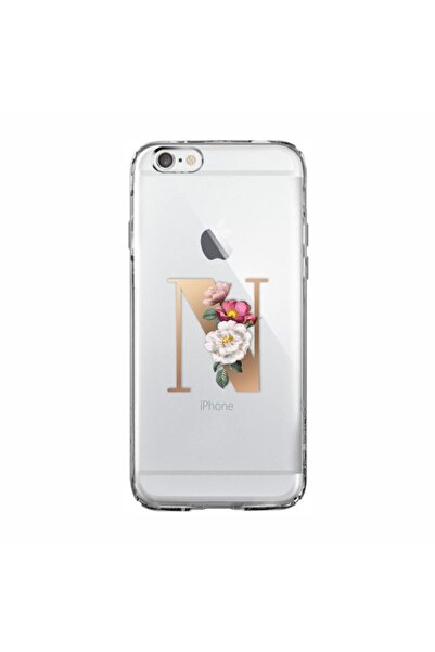 mooodcase Iphone 6 Plus / 6s Plus Şeffaf Kılıf Gold Renkli Çiçekli N Harfli Desenli