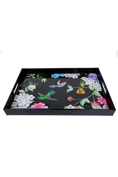 Lucky Art Black Melamine Tray with Rectangular Birds