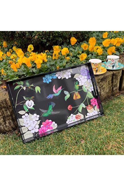 Lucky Art Black Melamine Tray with Rectangular Birds