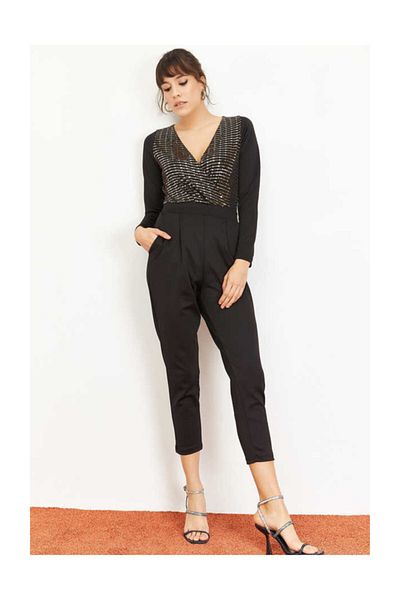 Bianco Lucci Women's Gold Black Double Breasted Collar Sequin Detail Jumpsuit