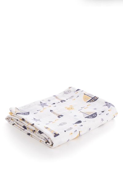 Caline Baby Muslin Cloth Cover Ship Pattern - Yellow 90x75 Cm + 2 Mouth Wipes