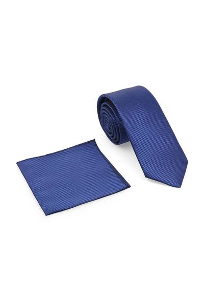 Brianze Saks Blue Oxford Model Slim Tie with Handkerchief - Mkas-7