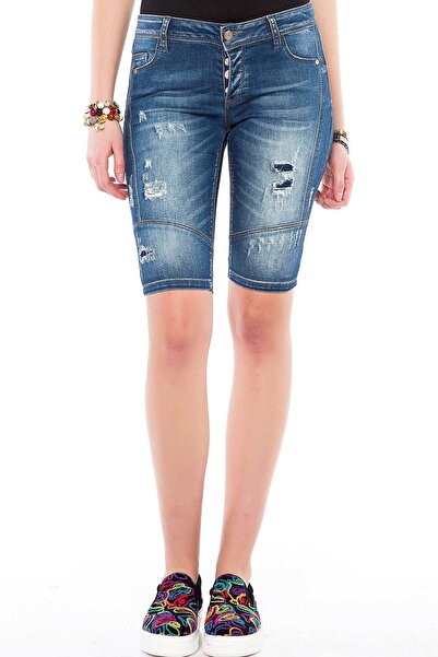 Cipo&Baxx Kadın Mavi Aşınmış Slim Fit Bermuda Şort
