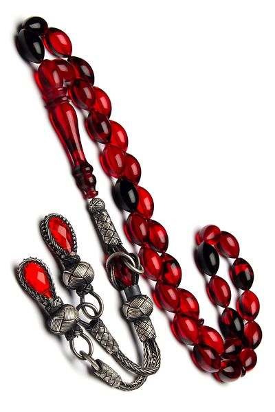 OTTOTESBİH 7x11mm Silver Kazaz Tasseled - Red Black Color Filtered Fire Amber Prayer Beads