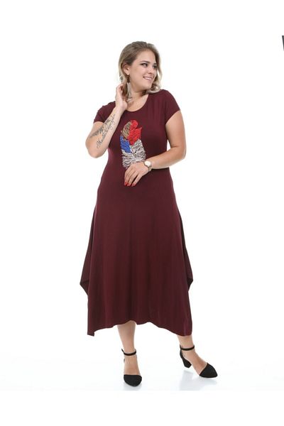 MJORA Rochie de damă cu broderie cu frunze de burgundă mărime mare