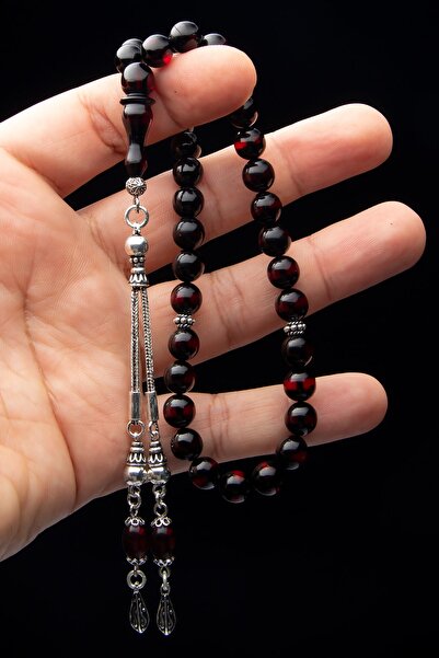 OTTOTESBİH 925 Ayar Gümüş Püsküllü 8mm Küre Kesim Kırmızı Sürmeli Ateş Kehrib...