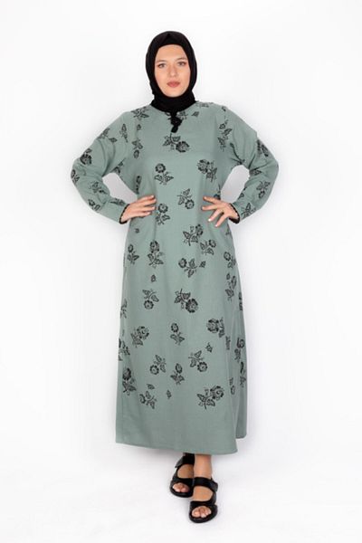 ÇIKRIKÇI Women's Green Sile Cloth Long Sleeve Hijab Dress
