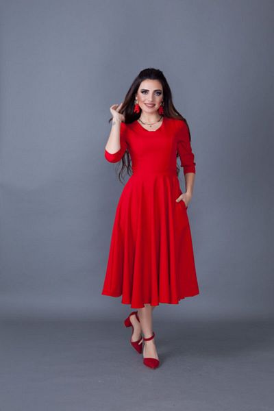 Bidoluelbise Women's Red Midi Length Pocket Detailed V-Neck Dress
