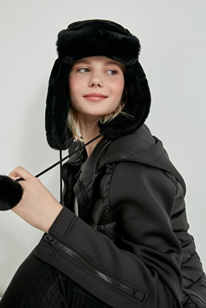 Axesoire 12749 Kürklü Kulaklıklı Siyah Pilot Şapka Bere YL