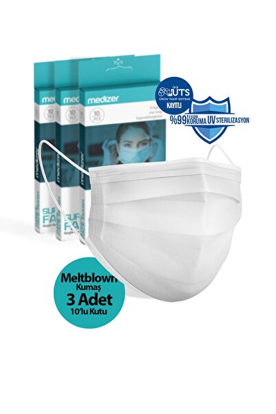 Medizer Beyaz Meltblown Kumaş Full Ultrasonik 3 Katlı Cerrahi Maske - Burun T...
