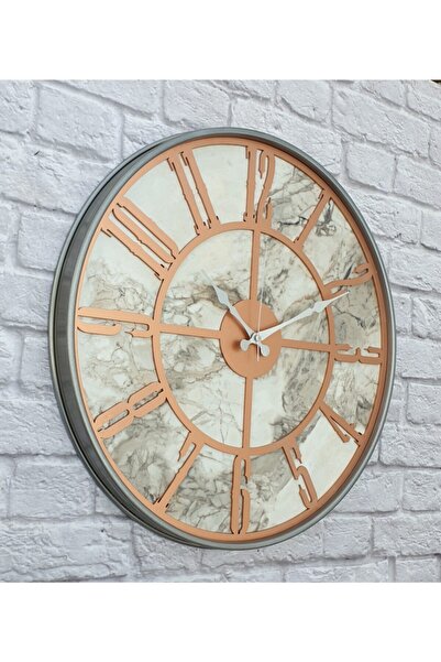 Markakanvas Metal Kasalı Mermer Desenli Bakır Renkli Duvar Saati Çap 50 Cm