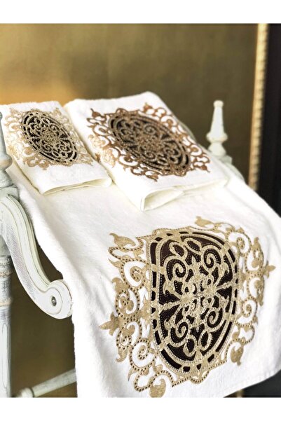 Creativehome Rüya Gold Kadife Aplikeli Ekru 3’lü Havlu Set, Organik Bambu Ve Pamuk, El Yapımı Özel Tasarim