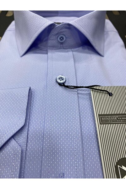 BENESSE Armür Desen Slim Fit Buz Mavisi Erkek Gömleği