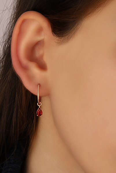 Lia Berto Kadın Rose Kırmızı Taşlı Damla 925 Ayar Gümüş Küpe