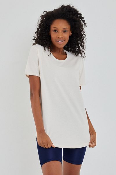 Tarz Cool Women's Ecru Oval Skirt Wide Collar 100% Cotton Short Sleeve T-Shirt