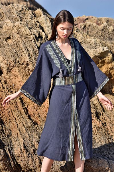 Su Koleksiyon Altay Kilim Bordered Boho Caftan / Black