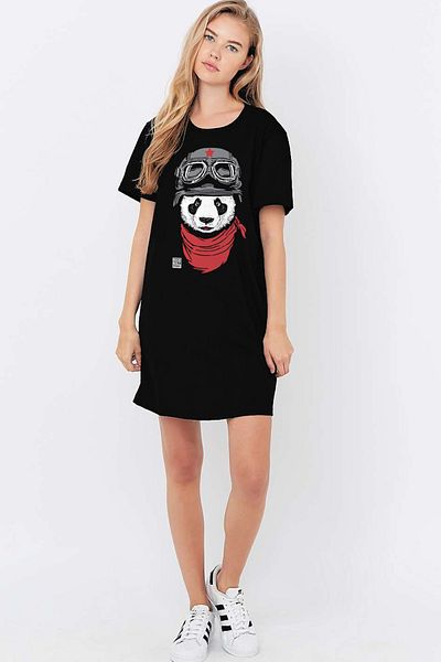 ROCKANDROLL Rochie tricou cu mânecă scurtă Bandana Neagră Panda din bumbac pieptănat